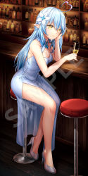 Rule 34 | 1girl, absurdres, ahoge, alcohol, bare arms, bare legs, blue hair, bottle, breasts, cleavage cutout, closed mouth, clothing cutout, commentary request, cup, dress, drinking glass, elf, flower, full body, grey dress, grey footwear, hair between eyes, hair flower, hair ornament, hand on own cheek, hand on own face, head rest, heart, heart ahoge, high heels, highres, holding, holding cup, hololive, jakelian, long hair, medium breasts, multicolored hair, pointy ears, pumps, sample watermark, side slit, sitting, sleeveless, sleeveless dress, smile, solo, stool, streaked hair, virtual youtuber, watermark, yukihana lamy