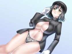 Rule 34 | 10s, 1girl, akitsu maru (kancolle), black hair, black panties, blush, breasts, crow (crowatelier), dutch angle, embarrassed, female focus, from below, gloves, grey eyes, hair between eyes, hat, impossible clothes, jacket, kantai collection, large breasts, looking at viewer, military, military uniform, navel, no bra, open clothes, open jacket, open mouth, pale skin, panties, peaked cap, short hair, simple background, solo, tears, underwear, uniform, white gloves