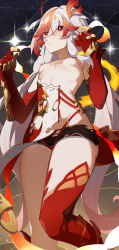 Rule 34 | 1girl, absurdres, animal hands, bare shoulders, black shorts, breasts, chinese clothes, claws, closed mouth, commentary request, cowboy shot, detached sleeves, dress, elbow gloves, eyeliner, fire, fu hua, fu hua (garuda), gloves, hair between eyes, hands up, highres, honkai (series), honkai impact 3rd, jinjide shaonian, long hair, looking at viewer, low-tied long hair, low twintails, makeup, midriff, multicolored hair, nipples, red eyeliner, red eyes, red gloves, red hair, red rope, red scales, red thighhighs, rope, short shorts, shorts, single thighhigh, small breasts, solo, sparkle, standing, streaked hair, symbol-shaped pupils, thighhighs, thighs, torn clothes, torn shorts, twintails, two-tone hair, very long hair, white hair, yellow pupils
