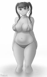 Rule 34 | 10s, 1girl, areola slip, bikini, breasts, cleavage, highres, large breasts, looking at viewer, monochrome, navel, nikuko (galko), oshiete! galko-chan, simple background, smile, solo, standing, swimsuit, twintails, white background, wide hips