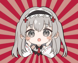Rule 34 | 1girl, blush, chibi, chiem (vtuber), collared shirt, frilled hairband, frills, grey eyes, hairband, indie virtual youtuber, long sleeves, open mouth, red neckwear, second-party source, shirt, sidelocks, silver hair, solo, tuna tuna04, two side up, virtual youtuber, wide sleeves