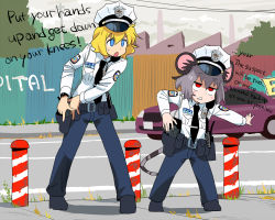Rule 34 | 2girls, alice margatroid, animal ears, arrest, belt, belt pouch, black belt, black footwear, black necktie, blonde hair, blue eyes, blue pants, blush, car, cloud, cloudy sky, collared shirt, commentary request, cookie (touhou), day, english text, fence, fighting stance, full body, grass, grey hair, gun, handgun, hat, holster, holstered, kofji (cookie), long sleeves, motor vehicle, mouse ears, mouse girl, mouse tail, multiple girls, name tag, nazrin, necktie, open mouth, outdoors, overcast, pants, peaked cap, police, police badge, police hat, police uniform, policewoman, pouch, ready to draw, red eyes, renpika, shirt, shoes, short hair, sidewalk, sky, standing, tail, touhou, triangle mouth, uniform, walkie-talkie, weapon, web (cookie), white headwear, white shirt