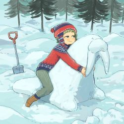 Rule 34 | 1girl, blue headwear, blue sweater, boots, brown footwear, closed mouth, commentary, full body, green hair, green pants, grey eyes, long sleeves, muji (uimss), hugging object, original, outdoors, pants, planted, planted shovel, red headwear, red sweater, short hair, shovel, snow, snow sculpture, solo, sweater, tree, two-tone headwear, two-tone sweater, walrus, winter clothes