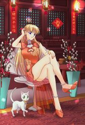 Rule 34 | 1girl, aino minako, artemis (sailor moon), bishoujo senshi sailor moon, blonde hair, blue eyes, bow, breasts, cat, chinese clothes, chinese text, crossed legs, dress, earrings, green eyes, high heel shoes, high heels, highres, jewelry, legs, long hair, long legs, medium breasts, red bow, see-through, sitting, smile, streamer fairy art, thighs, very long hair, white cat