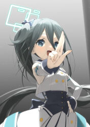 Rule 34 | 1girl, aris (blue archive), black hair, blue archive, blue eyes, blush, bow, detached sleeves, hair bow, halo, hand on own hip, highres, idol, idol clothes, light particles, long hair, mischievous straight uniform (blue archive), open mouth, outstretched arm, ringed eyes, side ponytail, smile, solo, sweat, u0w0v, upper body, very long hair
