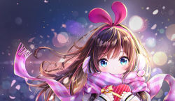 Rule 34 | 1girl, animal ears, bad id, bad pixiv id, blue eyes, blush, bow, box, brown hair, rabbit ears, cherry blossoms, dana (hapong07), fake animal ears, floating hair, hairband, heart-shaped box, streaked hair, highres, kizuna ai, kizuna ai inc., lens flare, long hair, long sleeves, looking at viewer, multicolored hair, pink hairband, pink scarf, plaid, plaid scarf, portrait, scarf, scarf over mouth, solo, striped, sweater, valentine, virtual youtuber, white sweater