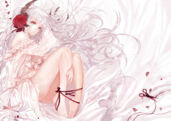 Rule 34 | 1girl, absurdly long hair, ankle ribbon, apt, ass, barefoot, breasts, cleavage, dress, entangled, flower, grey eyes, hair flower, hair in own mouth, hair ornament, highres, horns, large breasts, leg ribbon, long hair, off shoulder, original, petals, ribbon, scissors, silver hair, solo, very long hair, white dress