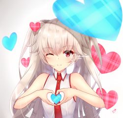Rule 34 | 1girl, ;), absurdres, hair between eyes, heart, heart hands, highres, long hair, looking at viewer, momoriko, necktie, one eye closed, original, red eyes, red necktie, shirt, signature, silver hair, simple background, sleeveless, sleeveless shirt, smile, solo, two side up, upper body, very long hair, white background, white shirt