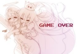 Rule 34 | &gt; &lt;, :d, = =, armband, blush, closed eyes, commentary request, dress, english text, facial hair, facing viewer, fake facial hair, fake mustache, game over, halo, hand up, hat, highres, hug, hug from behind, italian text, lethe-shion, long dress, long hair, long sleeves, luigi&#039;s mansion, mario, mario (series), monochrome, mustache, new super mario bros. u deluxe, nintendo, open mouth, overalls, princess king boo, puffy short sleeves, puffy sleeves, sharp teeth, short sleeves, simple background, smile, super crown, tears, teeth, tongue, tongue out, white background
