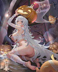 Rule 34 | absurdres, ass, azur lane, bandages, barefoot, blunt bangs, breasts, candle, closed mouth, commission, curvy, from behind, grabbing own breast, grey eyes, grey hair, halloween, hand on own chest, highres, indoors, jack-o&#039;-lantern, large breasts, long hair, looking at viewer, looking back, manjuu (azur lane), mouth hold, mummy costume, naked bandage, night, pixiv commission, pumpkin, sideboob, smile, soles, toes, underboob, very long hair, vittorio veneto (azur lane), window, yoyoleaf
