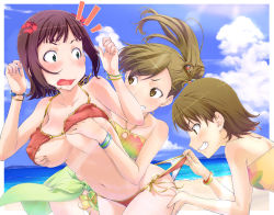 Rule 34 | 10s, 3girls, amami haruka, assisted exposure, asymmetrical hair, bad id, bad pixiv id, bare shoulders, beach, bikini, blush, bracelet, grabbing another&#039;s breast, breasts, brown eyes, brown hair, bullying, cleavage, clothes pull, day, futami ami, futami mami, grabbing, green eyes, grin, groping, hair ribbon, halterneck, idolmaster, idolmaster (classic), idolmaster 2, jewelry, large breasts, midriff, multiple girls, navel, one-piece swimsuit pull, open mouth, outdoors, ribbon, sarong, sashisu, siblings, side-tie bikini bottom, side ponytail, sisters, smile, string bikini, surprised, surprised arms, swimsuit, twins, yuri