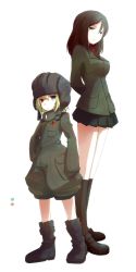 Rule 34 | 10s, 2girls, arms behind back, black footwear, black gloves, black hair, black skirt, black socks, blue eyes, boots, closed mouth, color guide, commentary, emblem, frown, full body, girls und panzer, gloves, green jacket, green jumpsuit, hand on own hip, helmet, highres, jacket, jumpsuit, katyusha (girls und panzer), loafers, long hair, long sleeves, looking at viewer, military, military uniform, miniskirt, moro (like the gale!), multiple girls, nonna (girls und panzer), pleated skirt, pravda military uniform, pravda school uniform, red shirt, school uniform, shirt, shoes, short hair, short jumpsuit, simple background, skirt, smile, socks, standing, swept bangs, tank helmet, turtleneck, uniform, white background