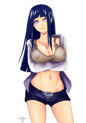 Rule 34 | 1girl, alternate costume, angry, bad deviantart id, bad id, belt, blue hair, bra, breast hold, breasts, cleavage, covered erect nipples, crossed arms, evil-dei, fishnets, frown, groin, highres, hime cut, hood, hoodie, hyuuga hinata, jacket, large breasts, long hair, looking at viewer, midriff, naruto: road to ninja, naruto (series), naruto shippuuden, navel, open clothes, open hoodie, open jacket, purple eyes, short shorts, shorts, signature, simple background, solo, standing, underwear