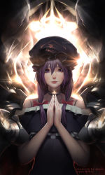 Rule 34 | 1girl, absurdres, alternate costume, artist name, bare shoulders, choker, dated, dress, hair ribbon, hat, highres, janyhero, lips, looking at viewer, mob cap, off shoulder, own hands together, patchouli knowledge, purple eyes, purple hair, realistic, ribbon, short sleeves, solo, touhou, tress ribbon, upper body