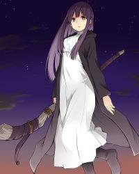 Rule 34 | 1girl, arms at sides, black coat, black footwear, boots, coat, dress, feet out of frame, fern (sousou no frieren), floating, half updo, highres, holding, holding staff, kagiana, long hair, long sleeves, looking at viewer, night, night sky, parted lips, purple eyes, purple hair, sidelocks, sky, sousou no frieren, staff, star (sky), straight hair, white dress