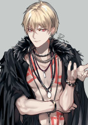Rule 34 | 1boy, blonde hair, bodypaint, bracelet, earrings, fate/grand order, fate (series), fur-trimmed jacket, fur trim, gilgamesh (fate), jacket, jewelry, looking at viewer, male focus, necklace, open clothes, red eyes, sakura hitsuji, short hair, signature, smile, solo, tattoo, twitter username