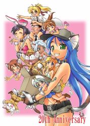 Rule 34 | 1boy, 6+girls, animal ears, animal hands, baseball cap, blue hair, box, breasts, cat ears, cat tail, cleavage, collar, dark skin, detached collar, ebifly, english text, everyone, green eyes, hat, holding, holding sword, holding weapon, leotard, mini person, minigirl, multiple girls, pink background, playboy bunny, shorts, standing, sword, tail, weapon, wide-eyed