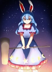 Rule 34 | 1girl, animal ears, artist name, blue dress, blue hair, blue sleeves, closed mouth, crescent, dress, hair between eyes, hasumi suzuna, highres, looking down, mallet, medium hair, night, night sky, puffy short sleeves, puffy sleeves, rabbit ears, red eyes, seiran (touhou), short sleeves, sky, smile, solo, standing, star (sky), star (symbol), star print, starry sky, touhou, weapon