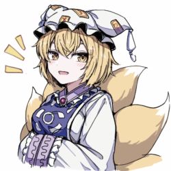 Rule 34 | 1girl, animal hat, blonde hair, breasts, fox tail, hands in opposite sleeves, hat, highres, kitsune, long sleeves, looking at viewer, mob cap, multiple tails, open mouth, short hair, simple background, smile, solo, tabard, tail, touhou, white background, white hat, yakumo ran, yellow eyes, yonoisan