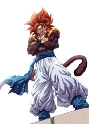 Rule 34 | 1boy, absurdres, baggy pants, biceps, black vest, black wristband, blue eyes, blue sash, body fur, commentary request, crossed arms, dragon ball, dragon ball gt, from below, gogeta, highres, looking at viewer, looking down, male focus, metamoran vest, mocky art, monkey tail, muscular, muscular male, open clothes, open mouth, open vest, pants, red fur, red hair, sash, simple background, smile, solo, spiked hair, standing, super saiyan, super saiyan 4, tail, teeth, tongue, v-shaped eyebrows, vest, white background, white pants, wristband