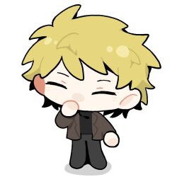 Rule 34 | 1boy, atou haruki, black pants, black sweater, blonde hair, brown jacket, chibi, chinese commentary, closed eyes, commentary request, covering own mouth, hand over own mouth, jacket, long sleeves, male focus, open clothes, open jacket, pants, saibou shinkyoku, short hair, simple background, solo, sweater, turtleneck, turtleneck sweater, white background, xiaoyuweiliang