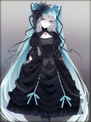 Rule 34 | 1055, 1girl, absurdly long hair, black bow, black dress, black flower, black rose, blue eyes, blue hair, blue ribbon, bow, cleavage cutout, closed mouth, clothing cutout, dress, flower, gloves, gothic lolita, gradient background, gradient hair, grey background, grey gloves, grey pantyhose, hair between eyes, hair bow, hair flower, hair ornament, hatsune miku, head tilt, highres, layered dress, lolita fashion, long dress, long hair, long sleeves, multicolored hair, pantyhose, polka dot gloves, ribbon, rose, silver hair, skirt hold, solo, standing, striped bow, striped clothes, striped pantyhose, twintails, vertical-striped clothes, vertical-striped pantyhose, very long hair, vocaloid