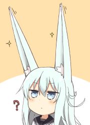 Rule 34 | 10s, ?, animal ears, blue eyes, blue hair, blush, chibi, closed mouth, commentary, creatures (company), ear wiggle, expressionless, eyebrows, fox ears, game freak, hair between eyes, hibiki (kancolle), highres, jitome, kantai collection, kemonomimi mode, long hair, looking up, motion lines, nintendo, nonono (mino), pokemon, pokemon sm, school uniform, serafuku, solo, sparkle, two-tone background, upper body, very long ears