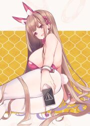 Rule 34 | 1girl, animal ears, bare arms, bare shoulders, blush, breasts, brown hair, cellphone, chami (charming621), fake animal ears, goddess of victory: nikke, hair ornament, hairband, highleg, highleg leotard, highres, holding, holding phone, large breasts, leotard, long hair, looking at viewer, official alternate costume, open mouth, pantyhose, phone, pink eyes, pink hairband, pink leotard, playboy bunny, rabbit ears, smartphone, solo, thighs, viper (nikke), viper (toxic rabbit) (nikke), white pantyhose, wrist cuffs