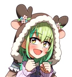 Rule 34 | 1girl, :d, animal hood, blush, bow, bow earrings, brown capelet, capelet, ceres fauna, ceres fauna (jirai kei), clenched hand, commentary, ddolbang, deer hood, earrings, english commentary, fur-trimmed capelet, fur-trimmed hood, fur trim, green hair, highres, hololive, hololive english, hood, hood up, hooded capelet, jewelry, long hair, long sleeves, looking at viewer, mole, mole under eye, multicolored hair, official alternate costume, open mouth, shirt, simple background, smile, solo, streaked hair, upper body, virtual youtuber, white background, white shirt, yellow eyes