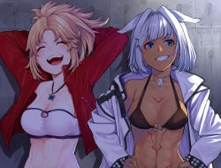 Rule 34 | 2girls, abs, animal ears, arms behind head, arms up, bandeau, bare shoulders, bikini, black bikini, blue eyes, blush, body markings, braid, breasts, caenis (fate), cleavage, closed eyes, collarbone, dark-skinned female, dark skin, dog tags, fate/apocrypha, fate/grand order, fate (series), french braid, grin, hair intakes, jacket, jewelry, large breasts, long hair, long sleeves, looking at viewer, mikan (chipstar182), mordred (fate), mordred (fate/apocrypha), mordred (memories at trifas) (fate), multiple girls, necklace, open clothes, open jacket, open mouth, parted bangs, pendant, ponytail, red jacket, sidelocks, smile, studded jacket, swimsuit, tattoo, uvula, white hair, white jacket
