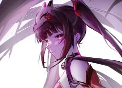 Rule 34 | 1girl, bare shoulders, bell, black choker, bow, brown hair, choker, closed mouth, dress, floating hair, fox mask, from side, hair bow, highres, honkai: star rail, honkai (series), looking at viewer, mask, mask on head, neck bell, pink eyes, portrait, red bow, red dress, shiinorri, smile, solo, sparkle (honkai: star rail), twintails