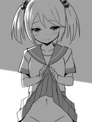 Rule 34 | 10s, 1girl, blush, clothes lift, collarbone, grey theme, greyscale, groin, hair bobbles, hair ornament, highres, kantai collection, midriff, monochrome, navel, no panties, out-of-frame censoring, pleated skirt, sazanami (kancolle), school uniform, serafuku, short hair, skirt, skirt lift, sky-freedom, smile, solo, twintails