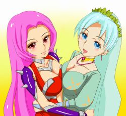 Rule 34 | 2girls, aqua hair, armor, blue eyes, bracelet, braid, breast press, breasts, character request, choker, cleavage, dress, grune (tales), hydrangia, jewelry, long hair, multiple girls, necklace, open mouth, pink hair, red eyes, short hair, shoulder pads, smile, symmetrical docking, tales of (series), tales of legendia, veil, yellow background