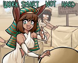 Rule 34 | 2girls, animal ears, black hair, breasts, brown hair, centurii-chan (artist), dark skin, egypt, egyptian clothes, egyptian hat, english text, eyeliner, fangs, fingernails, green eyes, jewelry, long fingernails, looking at viewer, makeup, medium breasts, multiple girls, original, sign, tagme, thumbs up, traditional dress