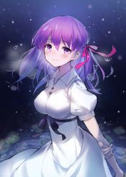 Rule 34 | 1girl, arms behind back, breasts, closed mouth, collared dress, commentary request, dress, fate/stay night, fate (series), hair ribbon, hand on own elbow, heaven&#039;s feel, highres, large breasts, long hair, looking at viewer, matou sakura, official alternate costume, puffy short sleeves, puffy sleeves, purple eyes, purple hair, red ribbon, ribbon, sheska xue, short sleeves, smile, solo, tears, white dress, wing collar