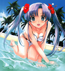 Rule 34 | 1girl, absurdres, barefoot, bikini, blue eyes, blue hair, breasts, cleavage, copyright request, day, fang, flower, foreshortening, hair flower, hair ornament, hibiscus, highres, matching hair/eyes, medium breasts, misaki kurehito, palm tree, solo, swimsuit, tree, twintails, water, white bikini