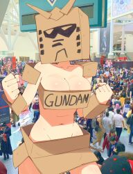Rule 34 | 1girl, aetherion, arm guards, armor, box, breasts, cardboard, cardboard box, cardboard box gundam, cleavage, clenched hands, collarbone, convention, cosplay, cowboy shot, crowd, feet out of frame, female focus, groin, gundam, helmet, highres, large breasts, midriff, navel, original, photo background, shoulder armor, solo focus, standing, strapless, tube top