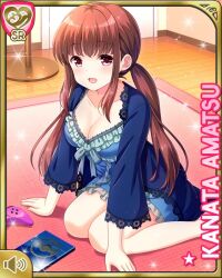 Rule 34 | 1girl, amatsu kanata, bare legs, barefoot, bedroom, blue shirt, blue shorts, brown hair, card, character name, day, girlfriend (kari), indoors, kneeling, long hair, official art, open mouth, playstation controller, qp:flapper, red eyes, shirt, shorts, sleepwear, smile, solo, tagme, twintails
