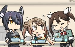 Rule 34 | &gt;:3, 3girls, :3, :d, asagumo (kancolle), blush, bow, bowl, bowtie, brown eyes, brown hair, chopsticks, commentary request, cup, dated, double bun, drinking glass, expressionless, eyepatch, closed eyes, fingerless gloves, food, gloves, hair ribbon, hamu koutarou, head tilt, highres, kantai collection, multiple girls, open mouth, purple hair, remodel (kantai collection), ribbon, short hair, shrimp, shrimp tempura, single glove, smile, steam, suspenders, tempura, tenryuu (kancolle), tone (kancolle), tray, twintails, v-shaped eyebrows, yellow eyes