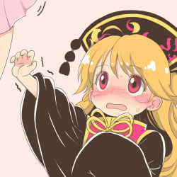 Rule 34 | 2girls, aged down, black dress, blonde hair, blush, blush stickers, chikado, child, chinese clothes, dress, eyelashes, hat, junko (touhou), multiple girls, outstretched arm, pink skirt, red eyes, reisen udongein inaba, simple background, skirt, solo focus, sweat, tabard, tassel, touhou, trembling, upper body, wavy mouth