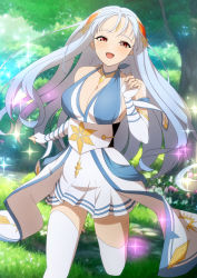 Rule 34 | 1girl, blurry, blurry background, blush, breasts, cleavage, dress, elbow gloves, elena (epic seven), epic seven, fingerless gloves, flower, forehead jewel, gloves, grey hair, hair ornament, jewelry, necklace, open mouth, red eyes, rin ateria, running towards viewer, smile, solo, sparkle, thighhighs, tree, white thighhighs