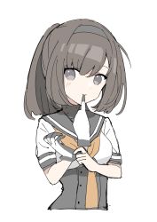 Rule 34 | 1girl, adjusting clothes, adjusting gloves, akizuki (kancolle), brown hair, closed mouth, glove in mouth, gloves, grey eyes, highres, kantai collection, looking at viewer, mouth hold, neckerchief, orange neckerchief, sayuwan, school uniform, serafuku, short hair, simple background, solo, upper body, white background