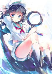 Rule 34 | 1girl, absurdres, anchor, anchor symbol, arm behind head, black footwear, black hair, closed mouth, green eyes, green sailor collar, hat, highres, holding, holding anchor, kanzakietc, looking at viewer, murasa minamitsu, one-hour drawing challenge, sailor, sailor collar, sailor hat, shirt, short hair, short sleeves, shorts, smile, solo, touhou, water, white background, white hat, white shirt, white shorts