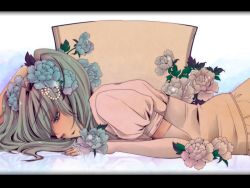 Rule 34 | 1girl, bad id, bad pixiv id, blue nails, domco, dress, elbow gloves, fingerless gloves, flower, gloves, hair flower, hair ornament, hatsune miku, letterboxed, lying, nail polish, solo, vocaloid