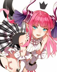 Rule 34 | 10s, 1girl, asymmetrical horns, blue eyes, blush, breasts, corset, detached sleeves, dragon girl, dragon tail, dress, elizabeth bathory (fate), elizabeth bathory (fate/extra ccc), elizabeth bathory (second ascension) (fate), fate/extra, fate/extra ccc, fate/grand order, fate (series), highres, horns, idol, long hair, looking at viewer, open mouth, pink hair, plaid, plaid skirt, pointy ears, ribbon, skirt, small breasts, smile, solo, tail, two side up, uneven horns, uryoko