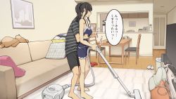 Rule 34 | 1boy, 1girl, bag, barefoot, black hair, black shorts, blue shorts, chair, couch, closed eyes, indoors, original, pillow, ponytail, short hair, shorts, speech bubble, standing, stuffed animal, stuffed toy, table, teddy bear, television, translation request, vacuum cleaner, wakamatsu372