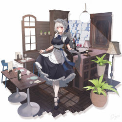 Rule 34 | 1girl, absurdres, animal ears, ankle strap, black dress, black footwear, blunt bangs, bottle, breasts, ceiling light, chair, commentary request, cup, dress, frilled dress, frills, glass, grey hair, gun, handgun, high heels, highres, holding, holding tray, indoors, lamp, large breasts, legs together, lifting own clothes, looking at viewer, maid, maid headdress, mary janes, menu, original, pantyhose, plant, plate, potted plant, puffy short sleeves, puffy sleeves, red eyes, sagiri (ulpha220), shadow, shoes, short sleeves, solo, table, tray, weapon, white pantyhose, wine bottle, wolf ears, wolf girl, wrist cuffs