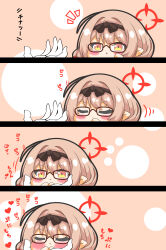 Rule 34 | 1girl, 1other, 4koma, :t, absurdres, blue archive, blush, brown-framed eyewear, brown hair, chibi, chinatsu (blue archive), closed eyes, closed mouth, comic, commentary request, glasses, gloves, hair between eyes, halo, hand up, hands up, highres, kurukurumagical, notice lines, out of frame, parted lips, red eyes, sensei (blue archive), translation request, v-shaped eyebrows, white gloves