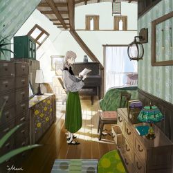 Rule 34 | 1girl, absurdres, artist name, bed, blanket, blonde hair, blue eyes, book, bookshelf, carpet, ceiling, chair, clock, closet, drawing (object), green skirt, hair ornament, hairclip, highres, holding, holding book, illumi999, instrument, key, lamp, light blush, medium hair, open drawer, original, painting (object), pale skin, piano, pillow, plant, reading, room, signature, skirt, solo, standing, sunlight, window, wooden chair, wooden floor