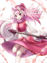 1girl bare_legs blunt_bangs blurry bow claws demon_girl depth_of_field female_focus gigamessy hair_bow holding japanese_clothes kimono leg_up long_hair long_sleeves looking_at_viewer oni original pink_hair pink_kimono pointy_ears red_bow red_eyes sash solo standing standing_on_one_leg thick_eyebrows wide_sleeves